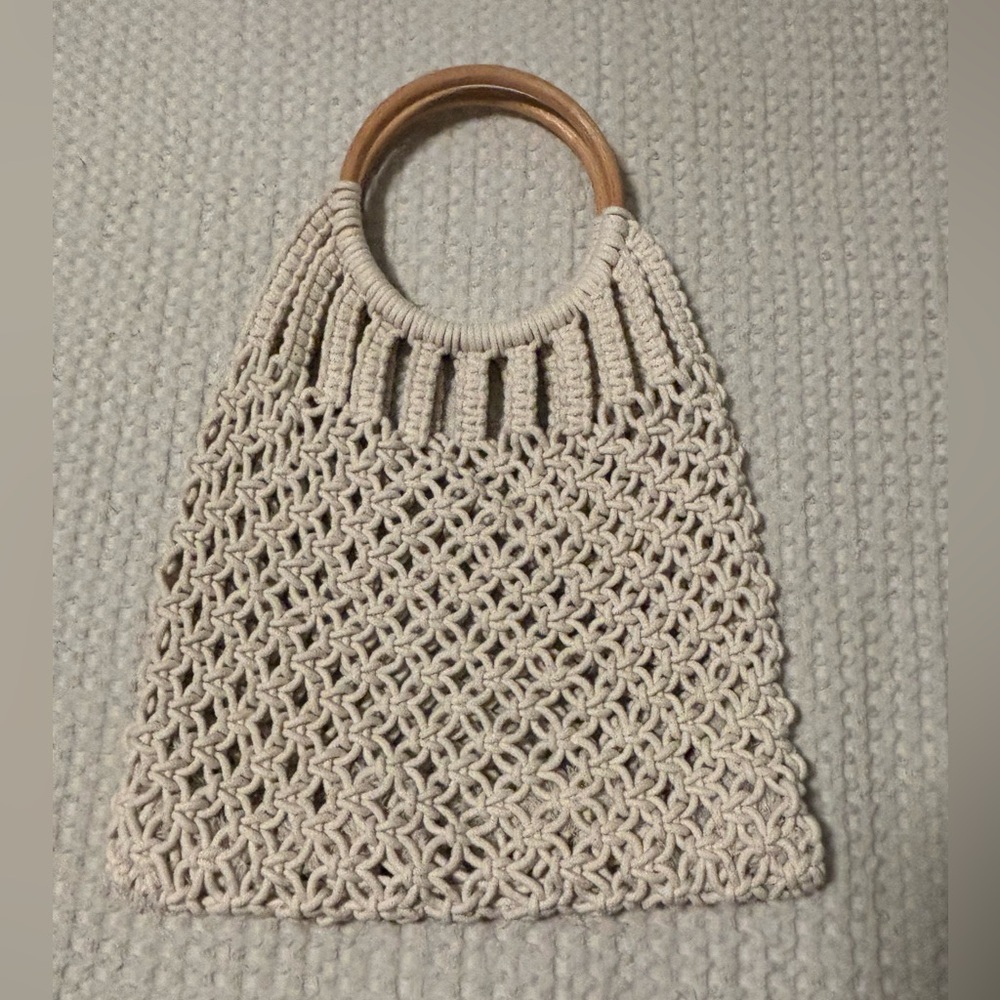 Vintage Crochet Macrame Bag Round Wood‎ Handles Boho Fall Winter Halloween